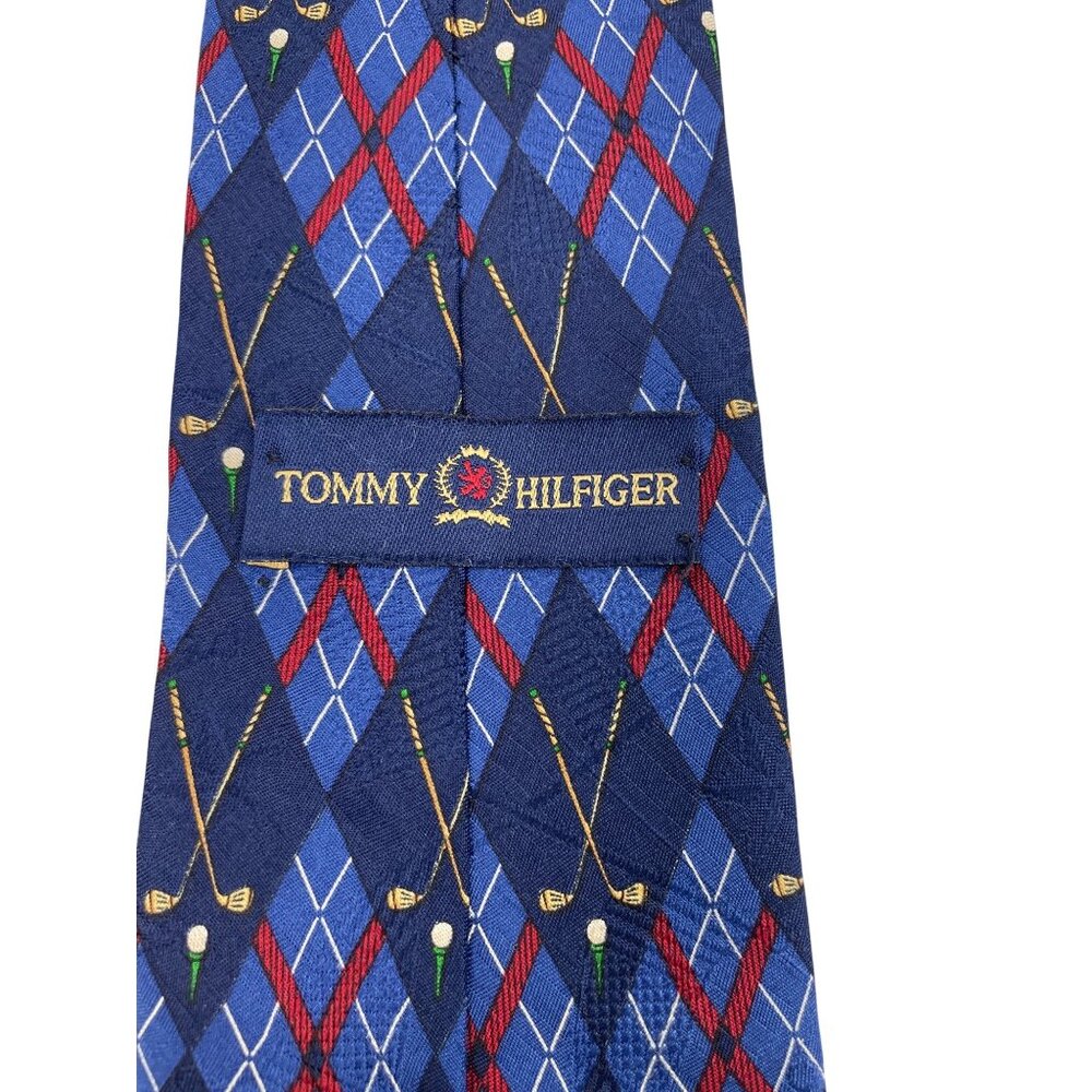 Tommy Hilfiger Blue & Red Diamond Golf Club Print 100% Silk Mens Tie Necktie - Picture 7 of 7